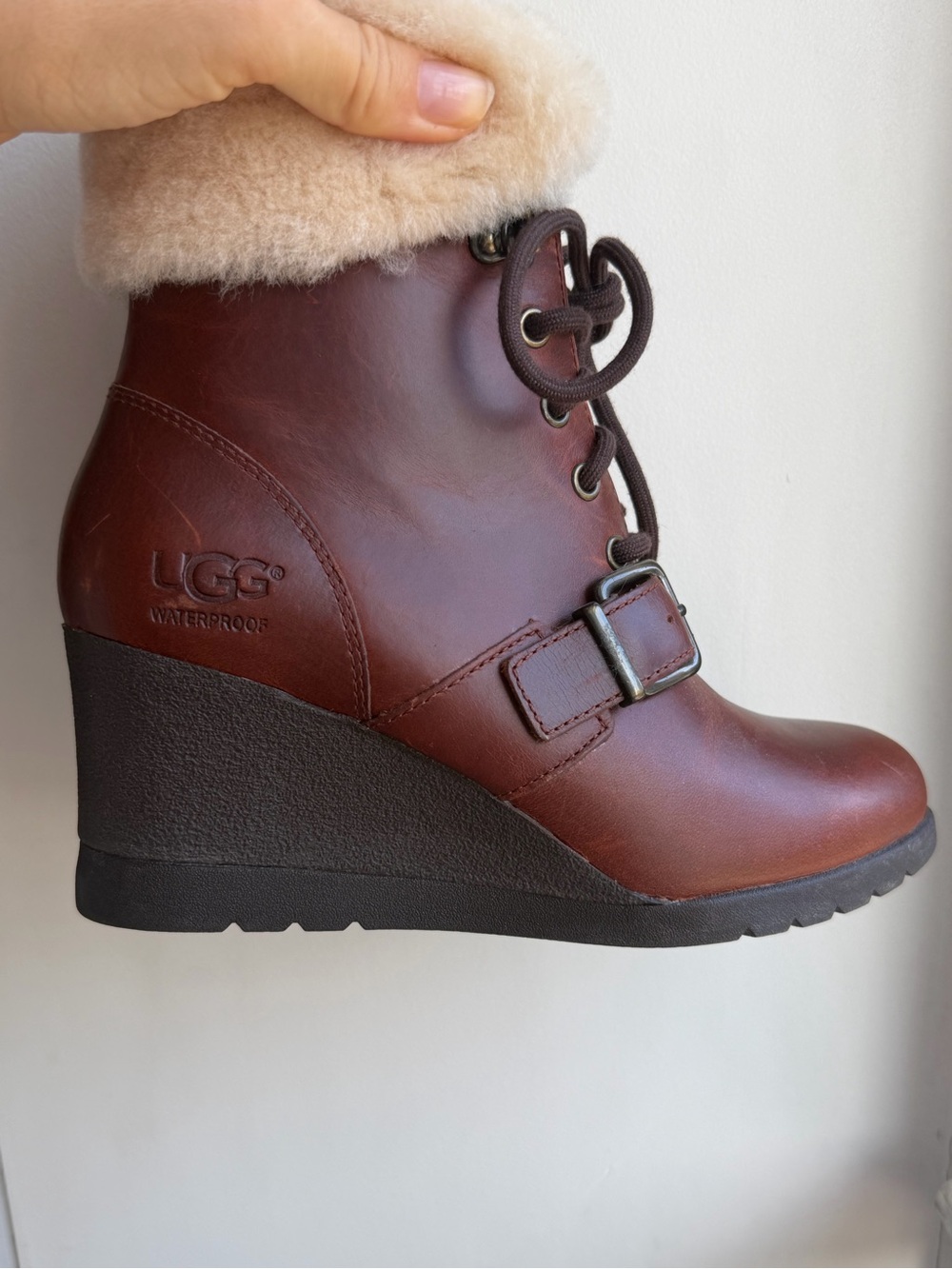 UGG Janney Brown Leather Wedge Ankle Boot with Shearling Collar